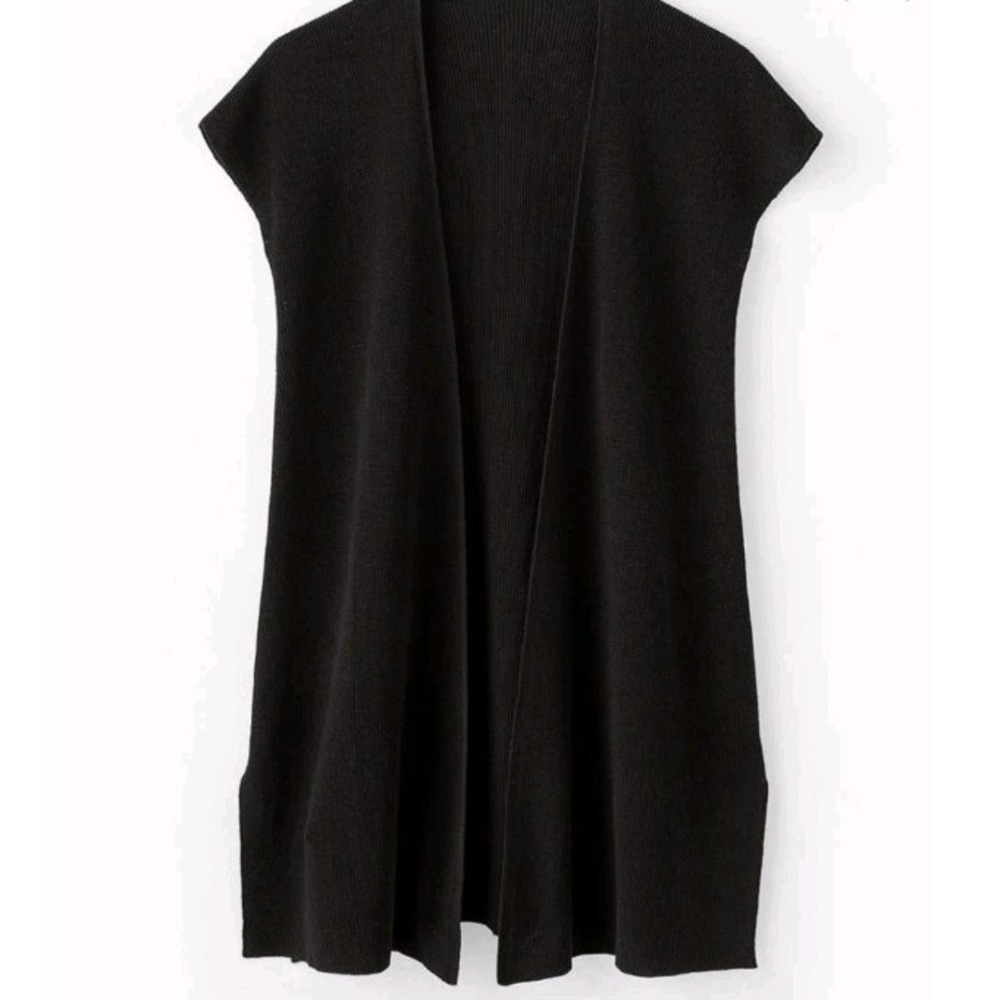 Eileen Fisher Petite Black Organic Linen Cotton Ribbed Open Front Vest PM PM/PM